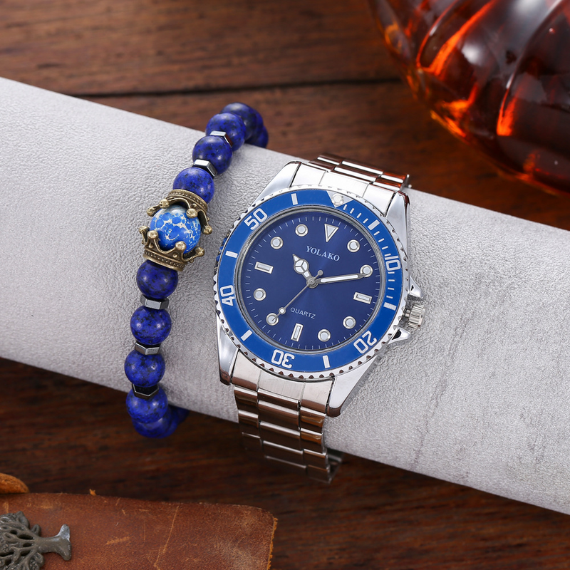 Luminous Water Ghost Business Non Mechanical Fashion Steel Belt Calendar Quartz Watch + Bracelet (2pcs/set)_voghion.com