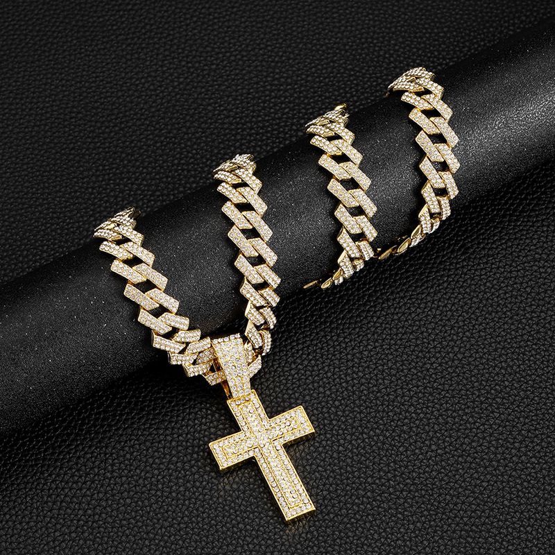 Personalized cross Cuban chain niche design full diamond cross with buckle Cuban chain gold_voghion.com