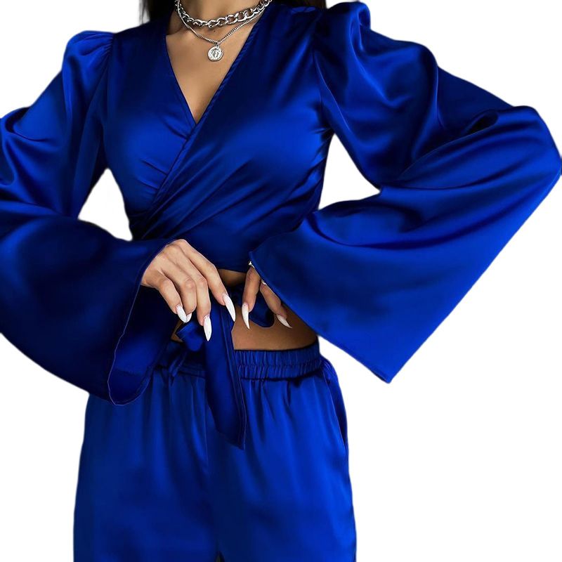 Autumn solid color long-sleeved tops straight trousers casual suit two-piece set_voghion.com
