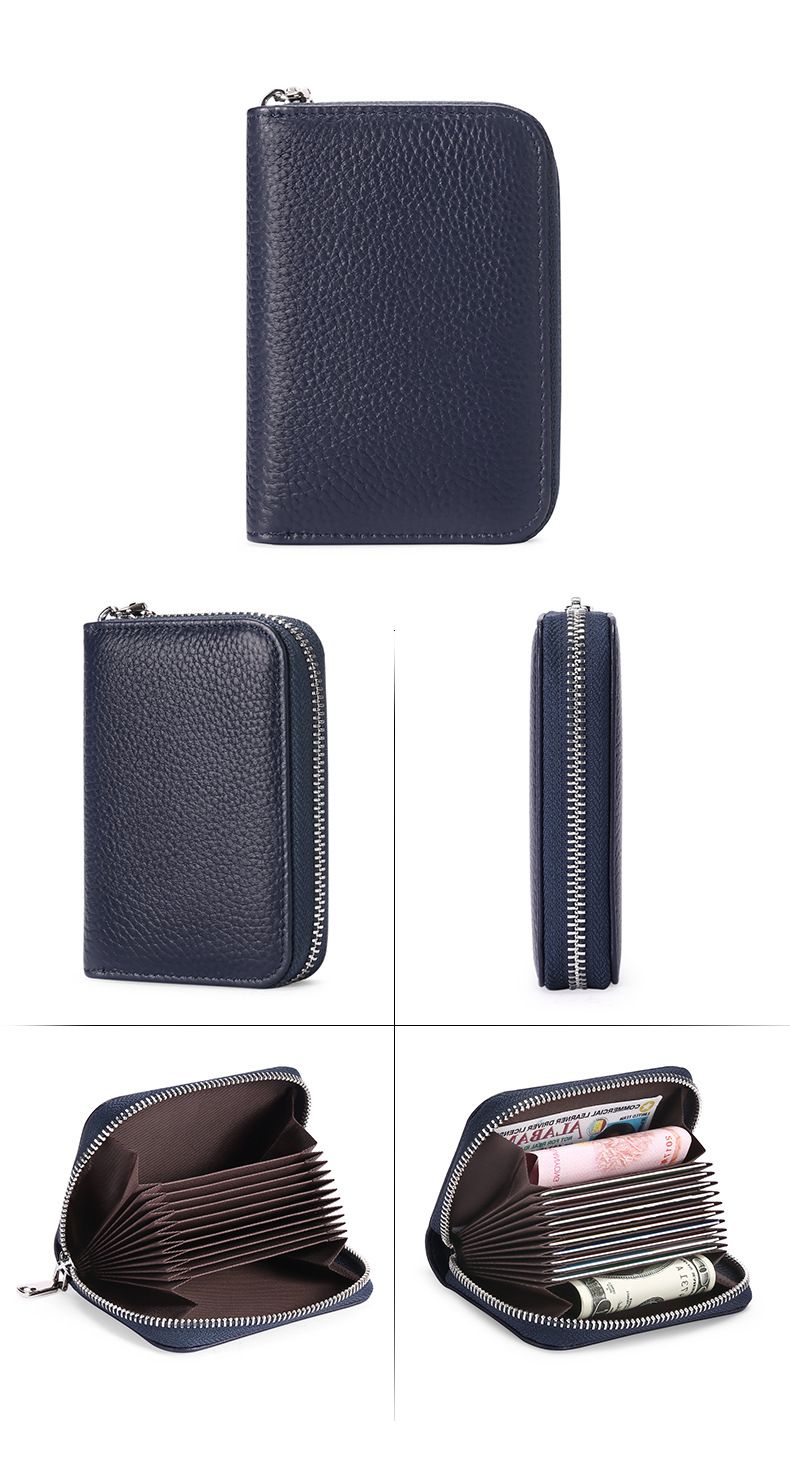 Nuovo primo strato in pelle bovina con cerniera, porta biglietti da visita, porta carte di credito, organo RFID, antifurto, portamonete con spazzola_voghion.com