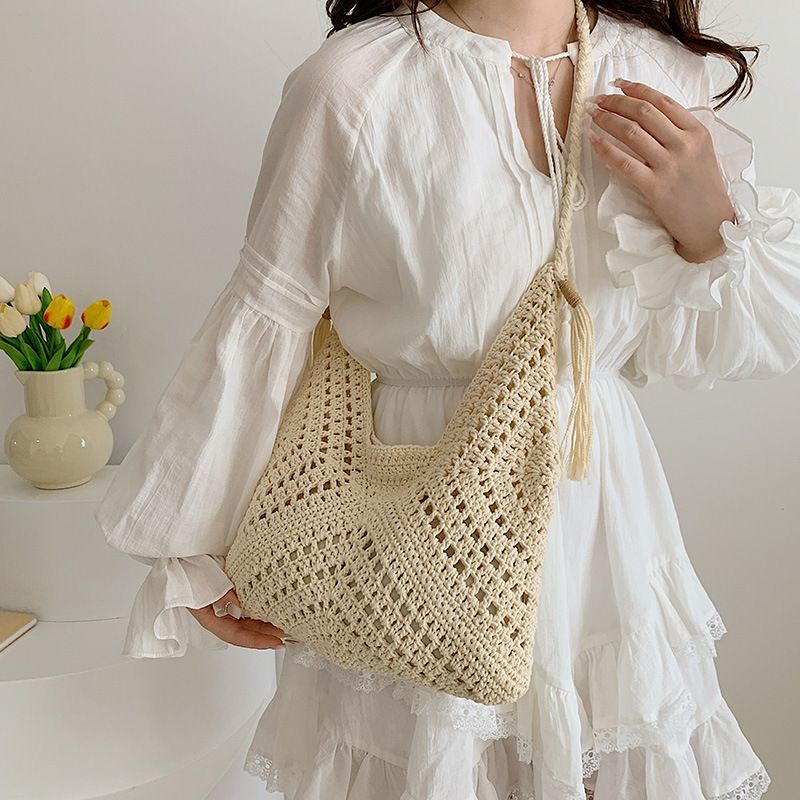 Bolsa de ombro única de palha trançada com cordão e bolso interno, estilo artístico, feita à mão em crochê, estilo praia, férias_voghion.com