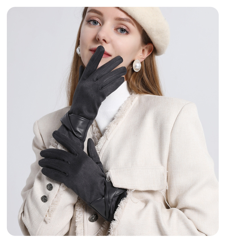 Guantes cálidos de lana de cuero Elegancia de las mujeres Pantalla táctil más guantes de lana arco Guantes de invierno para adelgazar en frío_voghion.com