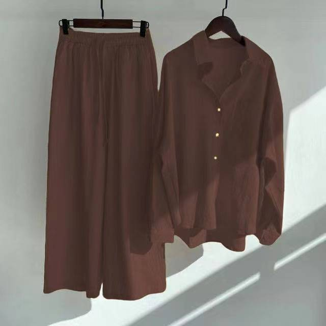 Completo da donna in due pezzi, pantaloni e camicia retrò, 2024, primavera estate, moda, camicia a maniche lunghe in cotone e lino, completo casual da donna_voghion.com
