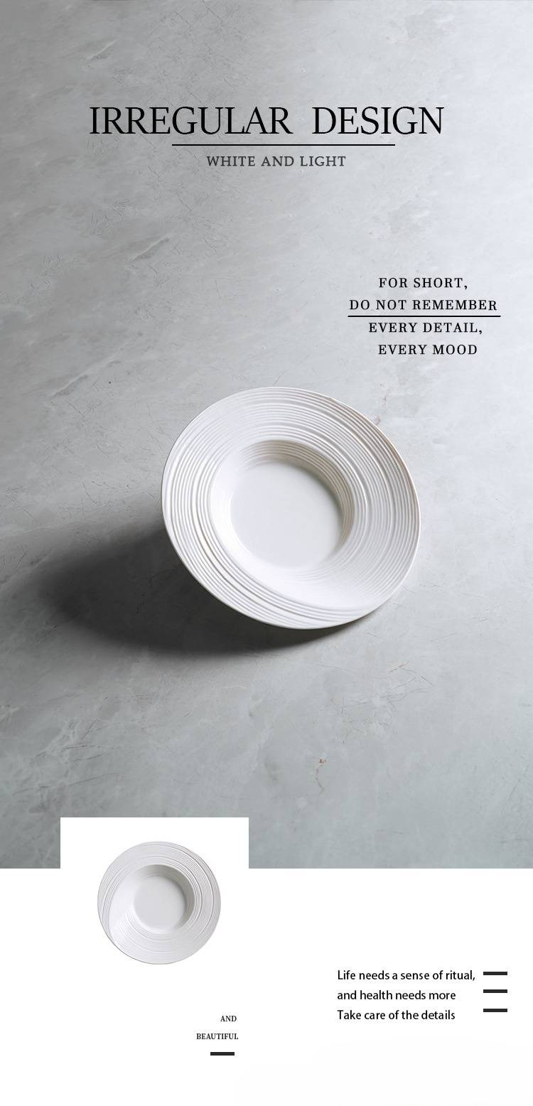 Modern Minimalist Ceramic Soup Plate - 10.5" White Textured Pasta Bowl With Artistic Line Design For Restaurant & Home Dining_voghion.com