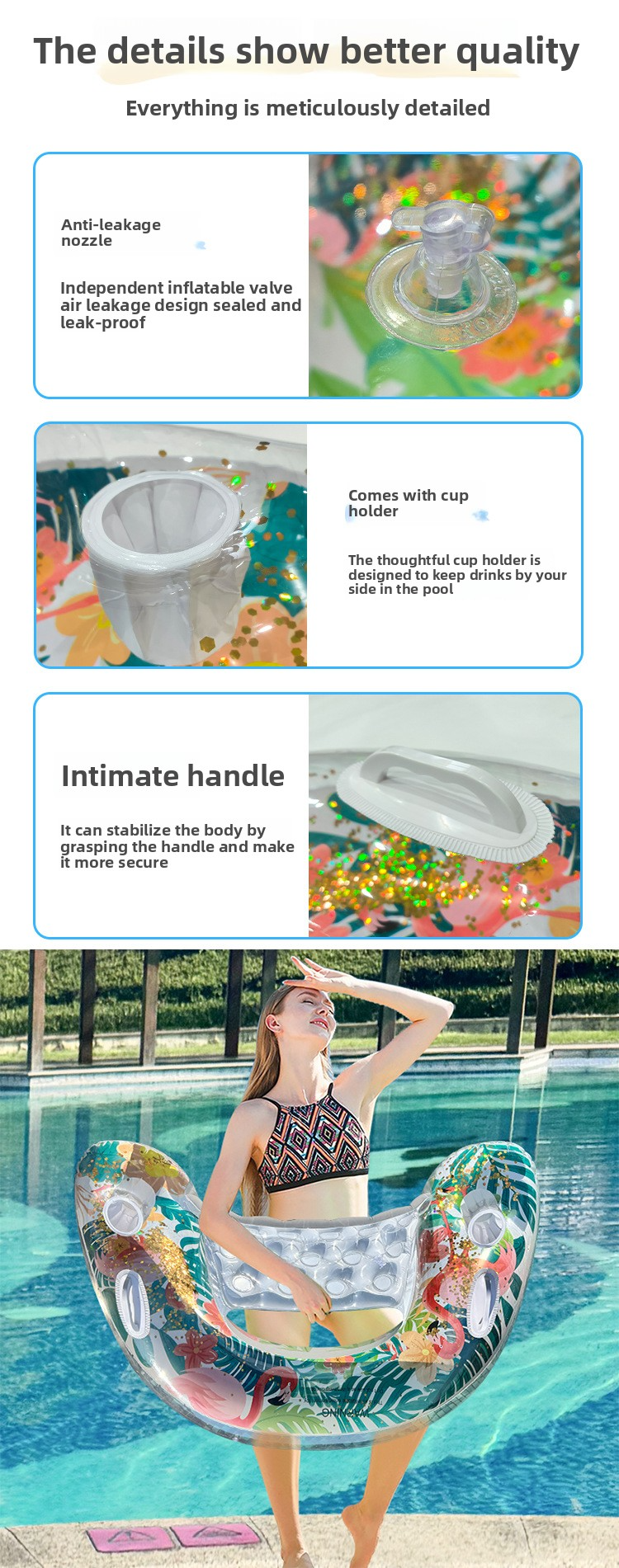Flamingo Inflatable Lounger - U-Shaped Glitter Design With Thickened Eco-PVC (Premium Floating Chair For Pool & Beach 170cm Stable & Comfortable)_voghion.com