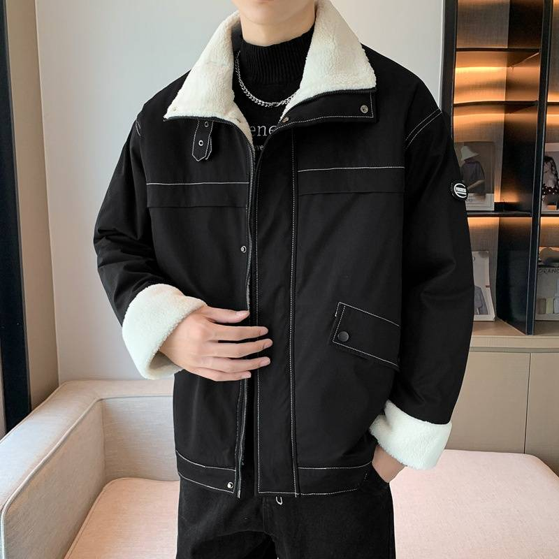 Unisex Heavyweight Fleece-Lined Jacket – Stand Collar Winter Coat With Zip Pockets & Thermal Polyester Fill (M-5XL, Black/Moss Green)_voghion.com