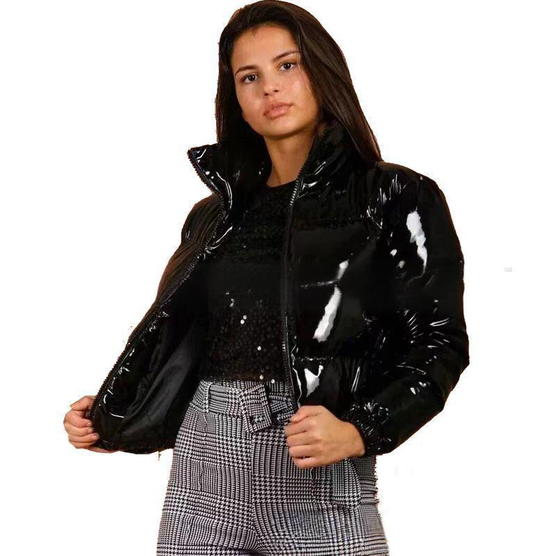 Puff Sleeve Winter Coat For Women - Shiny Quilted Jacket With Stand Collar, Lightweight Warmth, Trendy Streetwear & Office Wear_voghion.com