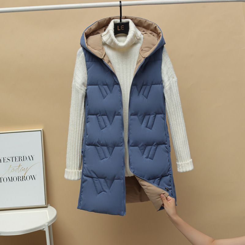 Reversible Hooded Puffer Vest For Women - Lightweight Quilted Long Sleeveless Jacket With Zipper, Warm Winter Layering Piece In Solid Colors_voghion.com