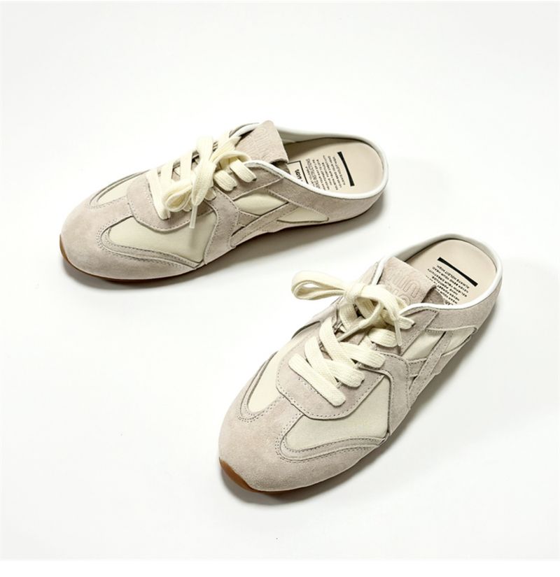 Trainingspantoffeln im koreanischen Stil für Damen, flache Halbschuhe aus weichem Leder mit Farbblockdesign und geschlossener Zehenpartie für den Sommer im Freien,_voghion.com