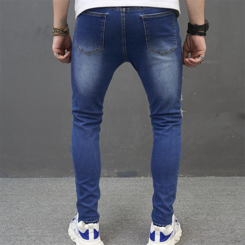 Jeans costurado tecido patch irregular calças plissadas tendência estilo clássico masculino_voghion.com