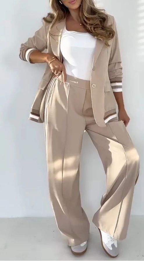 New Fashion Solid Color Ribbed Office Commuter 2-Piece Set - Stretchy Polyester Blend Women's Casual Suit With Pockets_voghion.com