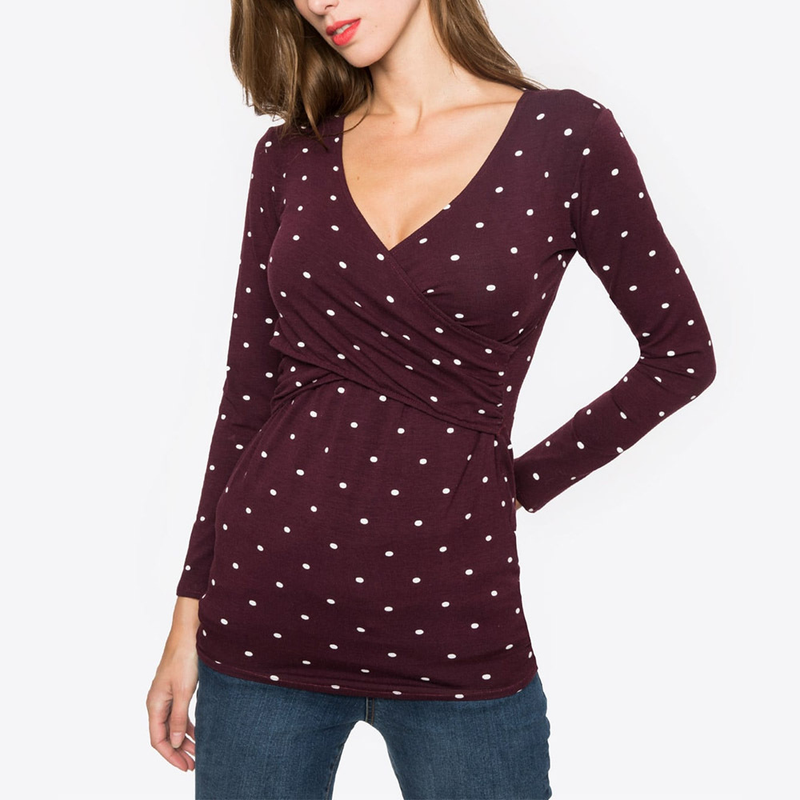 Spring and Autumn Pregnant Women's Deep V-neck Long Sleeve Printed Cross Breastfeeding Care T-shirt_voghion.com