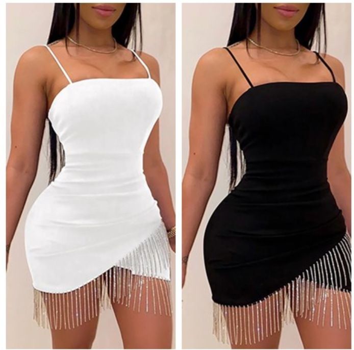 Abito sexy con bretelle e nappe attillate, gonna, gonna che abbraccia i fianchi_voghion.com