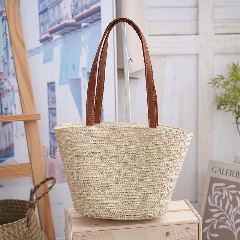 Summer Single Shoulder Women's Beach Striped Straw Large Capacity Vacation Travel New Fashion Versatile Tote Bag_voghion.com