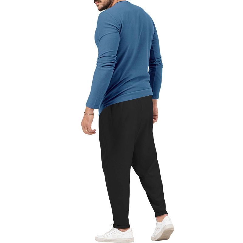 Men's solid color casual long-sleeved Henry T-shirt pantsuit_voghion.com