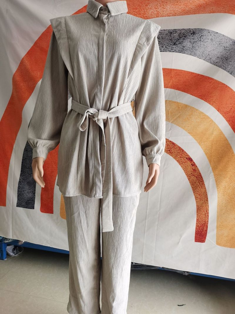 Women's autumn wrinkled long-sleeved lace-up shirt straight long casual suit_voghion.com