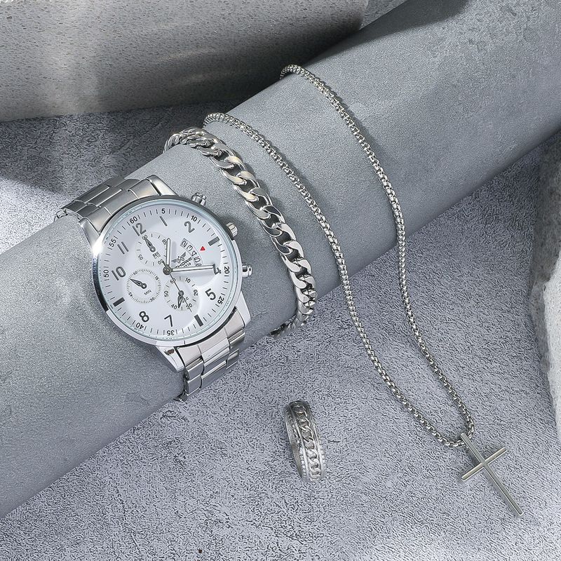 Orologio di alta qualità in stile hip-hop con cinturino in acciaio, al quarzo, a tre occhi, nuovo, con croce in argento, collana, anello, catena cubana_voghion.com