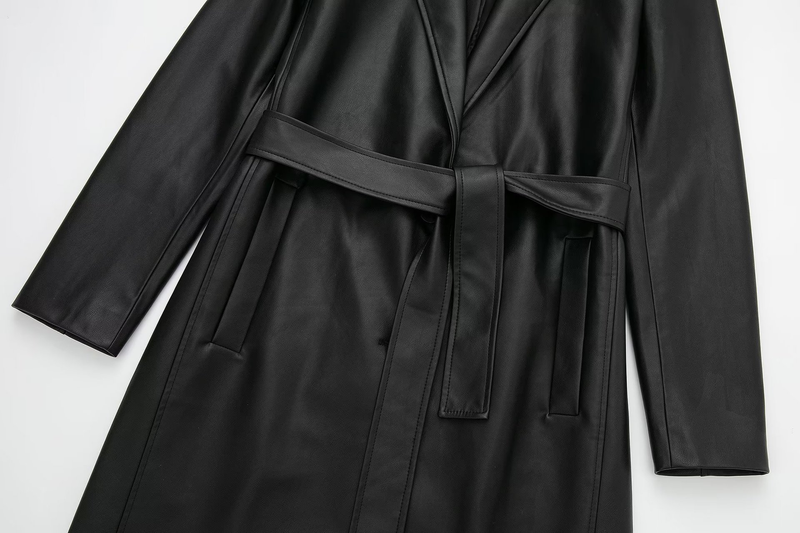 Dametøj mode temperament let velkendt imiteret læder PU sort lang windbreaker jakke kvinde_voghion.com