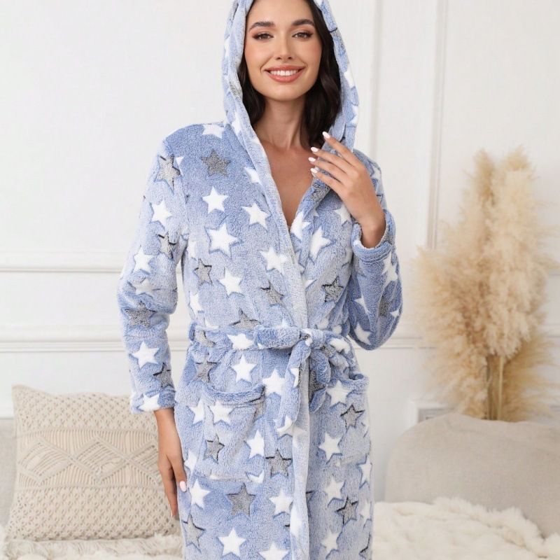 Ladies Star Pattern Autumn And Winter Double-sided Fleece Lace-up Bathrobe Pajamas Hooded Thermal Nightgown Bathroom_voghion.com