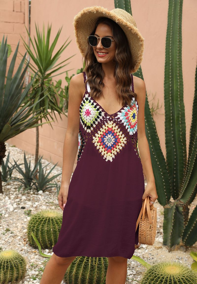 Camicetta da spiaggia con camicetta patchwork di fiori all'uncinetto da donna_voghion.com