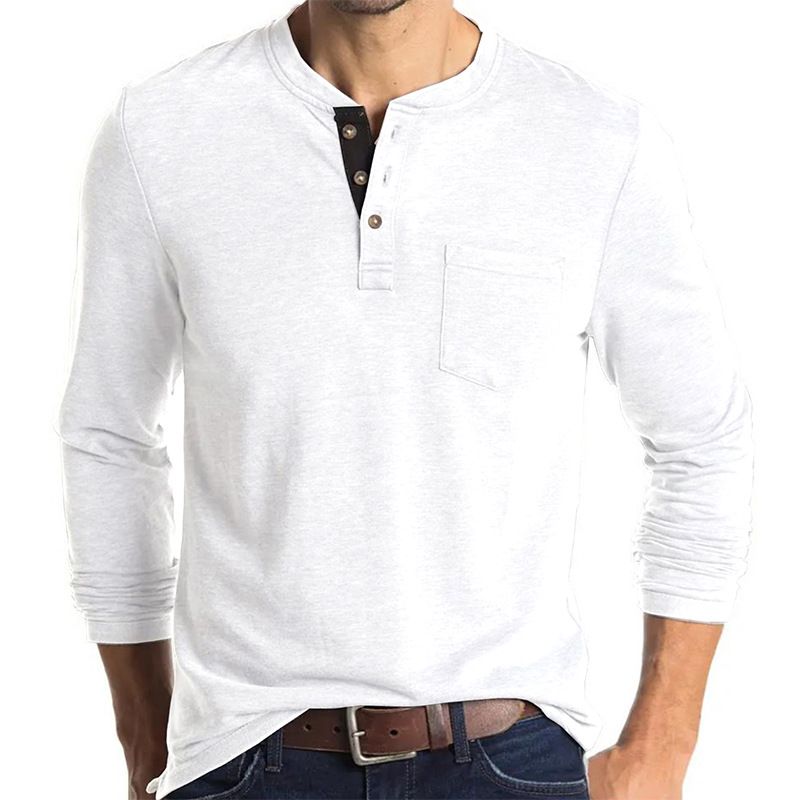 Henley-T-Shirts für Herren mit Knopfleiste, langen Ärmeln und Tasche, entspannte Passform, 100 % schwere Baumwolle_voghion.com