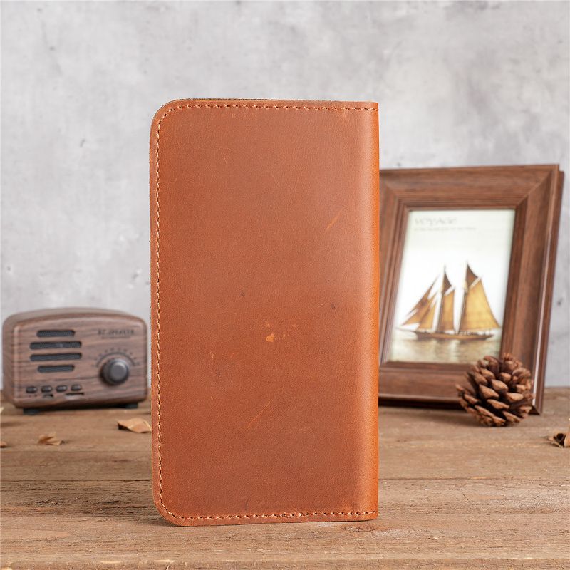 Men's Genuine Crazy Horse Leather Long Wallet Wallet Card Holder Ticket Check Bag Storage_voghion.com