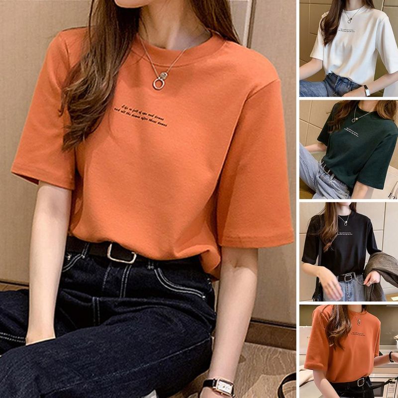 hot selling Ladies T-shirt ing Lady Summer Top Female Clothing Solid Color Letter Printing Loose Round Neck Short Sleeves Daily Wear_voghion.com