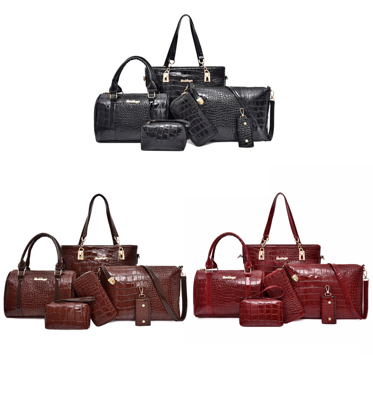 Set de geantă de mână pentru femei, elegantă, cu un singur umăr, geantă de damă vintage, capacitate mare, cu imprimeu de crocodil, set de șase piese_voghion.com