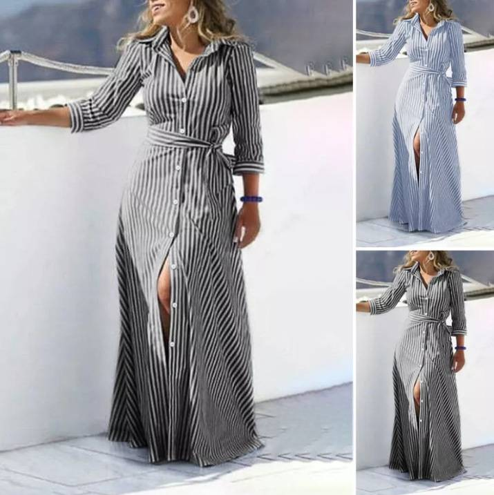 Women Striped Sundress Summer Elegant Long Shirt Dress Casual Lapel Neck Long Sleeve Work Vestidos Oversize Party Robe_voghion.com