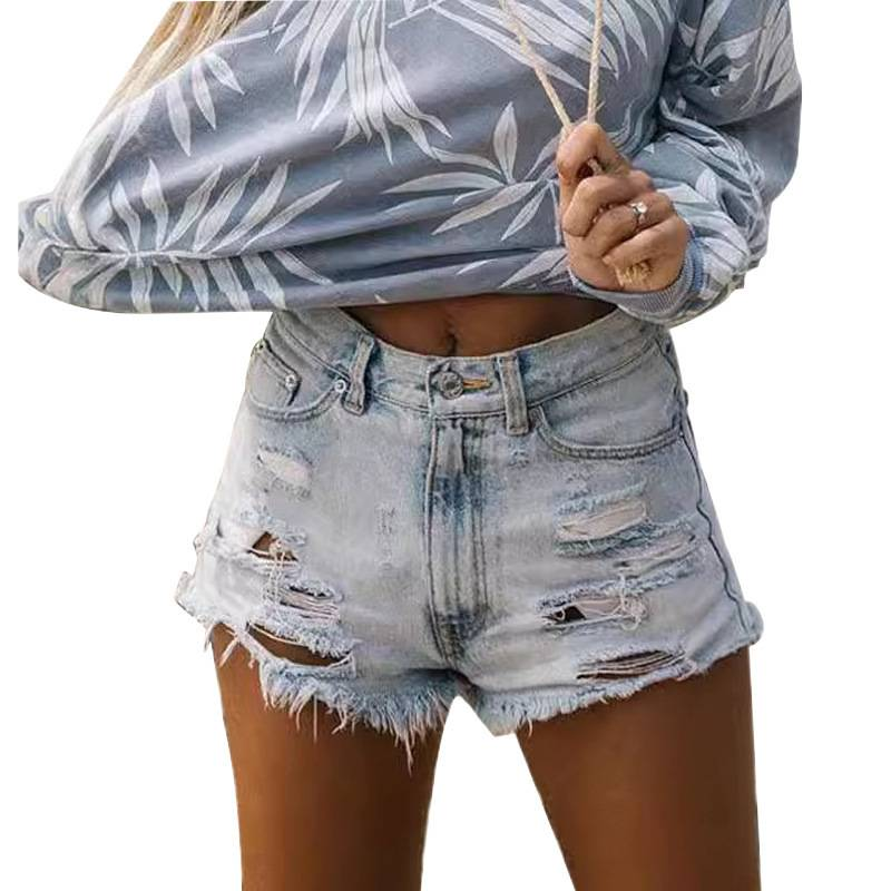 Short en jean déchiré taille haute pour femme, pantalon sexy et délavé avec pompons_voghion.com