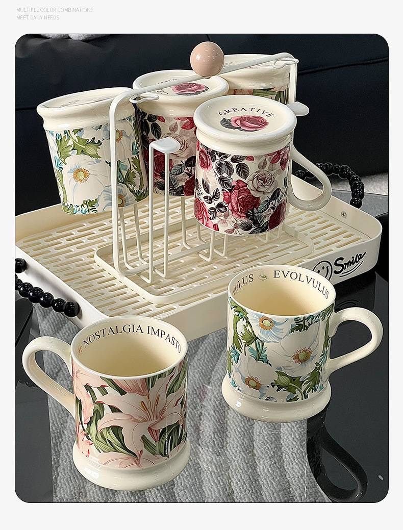 Taza de cerámica retro con esmalte de colores y diseño floral, resistente a altas temperaturas, para té de la tarde_voghion.com