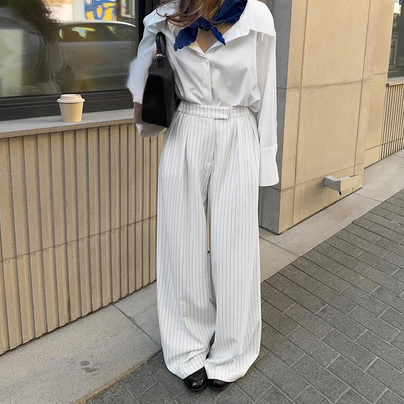 Women's High Waist Wide Leg Dress Pants - Stretch Comfortable Office Trousers With Striped Design, Casual & Formal Wear For Fall Winter_voghion.com