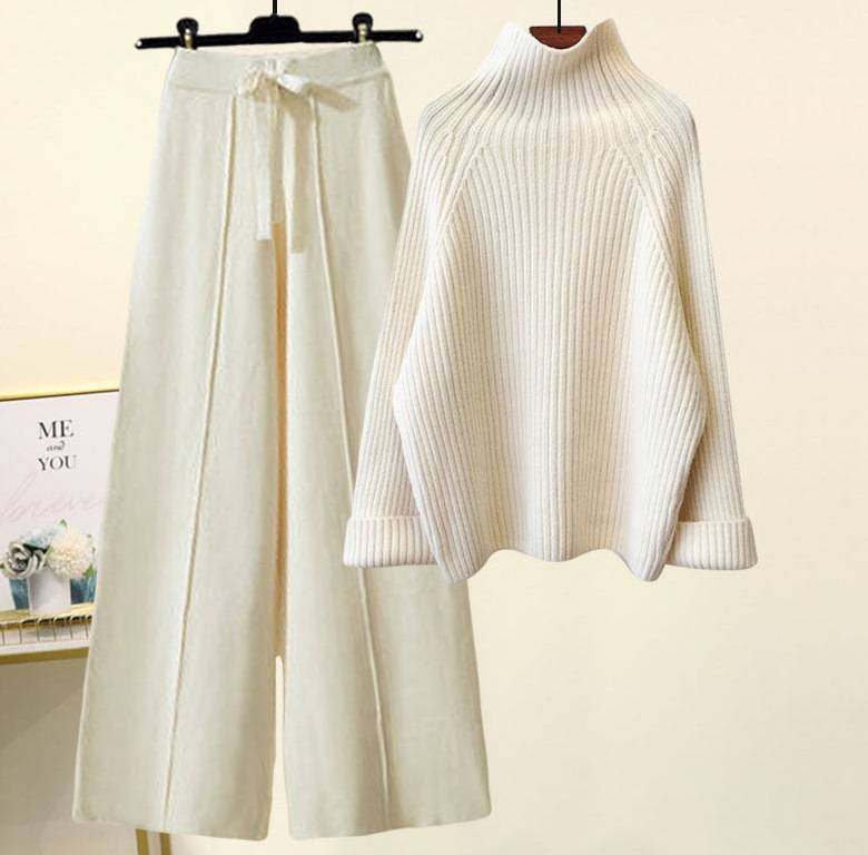 Completo in maglia oversize: maglione spesso a trecce e pantaloni a gamba larga (S-XL)_voghion.com