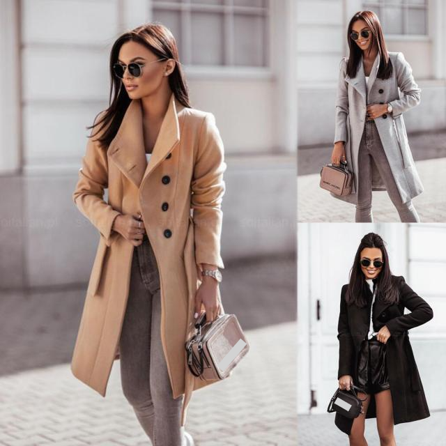 Elegant Double-Breasted Belted Wool Blend Coat For Women - Long Trench Coat With Notch Lapel, Long Sleeves, Pockets - Office, Fall & Winter_voghion.com