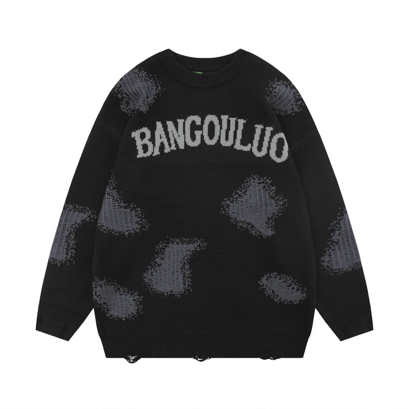 Maglione unisex oversize con ricamo di lettere, effetto consumato, in misto cotone traspirante, spalle scese, stile streetwear (colori e fantasie multiple)_voghion.com