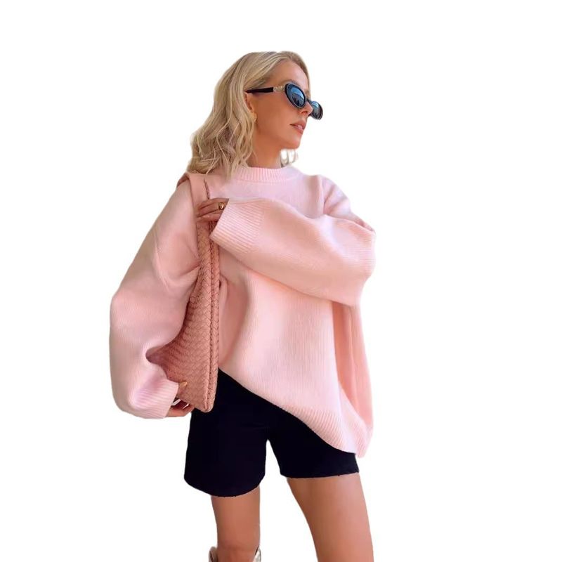 Women's Sweet Pink Round-Neck Sweater – Cozy Polyester Pullover With Shell-Inspired Details (S-XXXL)_voghion.com