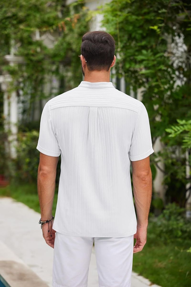 Abbigliamento Uomo Nuova Camicia Henry da Uomo Retro in Cotone e Lino a Righe, Casual e Ampia_voghion.com