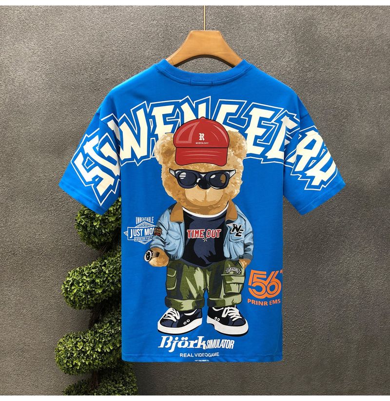 Herrenbekleidung Kurzarm-T-Shirt mit Cartoon-Bär-Aufdruck für Herren, Sommermode, All-Match, lässiger Rundhalspullover, lockeres Oberteil_voghion.com