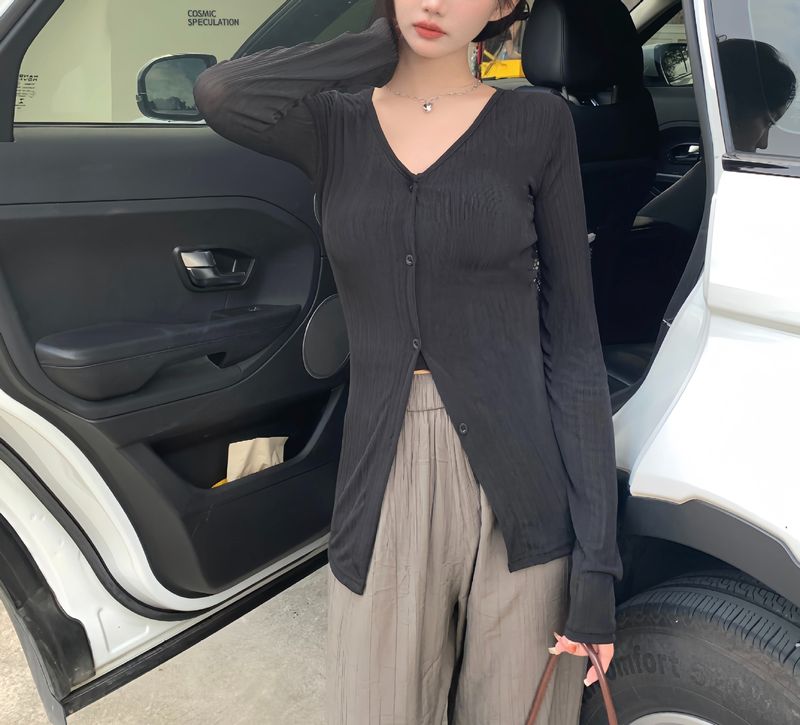 Tanek ledeno svilen kardigan za sončenje za ženske poleti 2024, z novim temperamentom V-izreza, nišnega slim kroja,_voghion.com