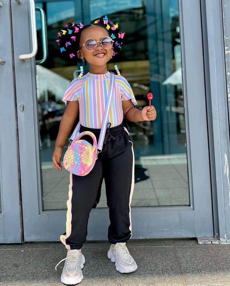 Kids Clothing T Shirt Rainbow Stripe Print Color Block Sweatpants Trousers Suit_voghion.com