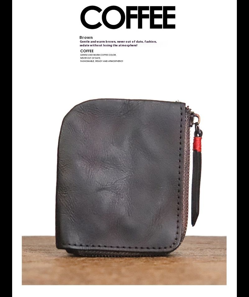 Head layer cowhide wallet, women's zippered coin bag, handmade coloring and vintage vegetable tanned leather zero wallet_voghion.com