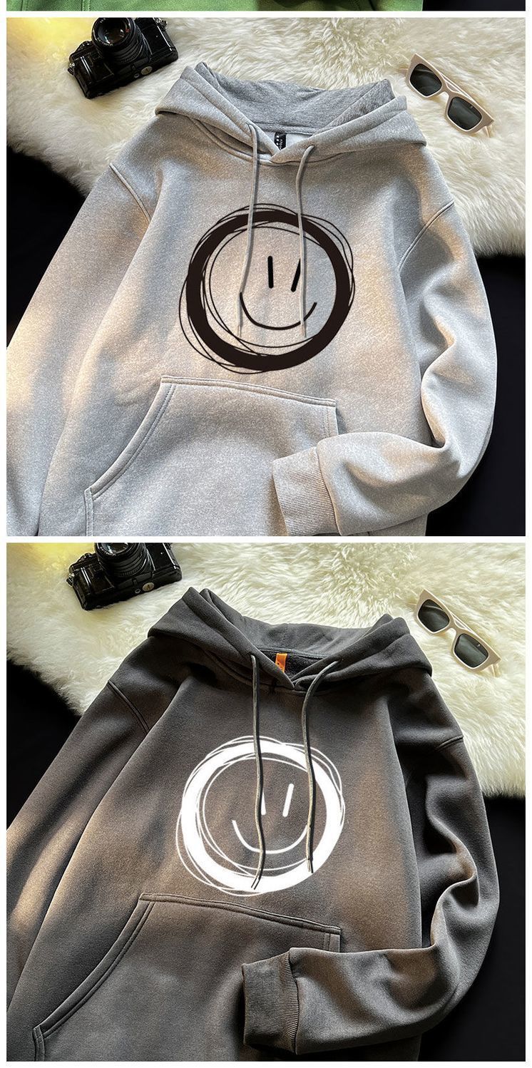 Trendy smiling sweatshirt for men in autumn, long sleeved, loose versatile, cool and fluffy hooded jacket, size 12_voghion.com
