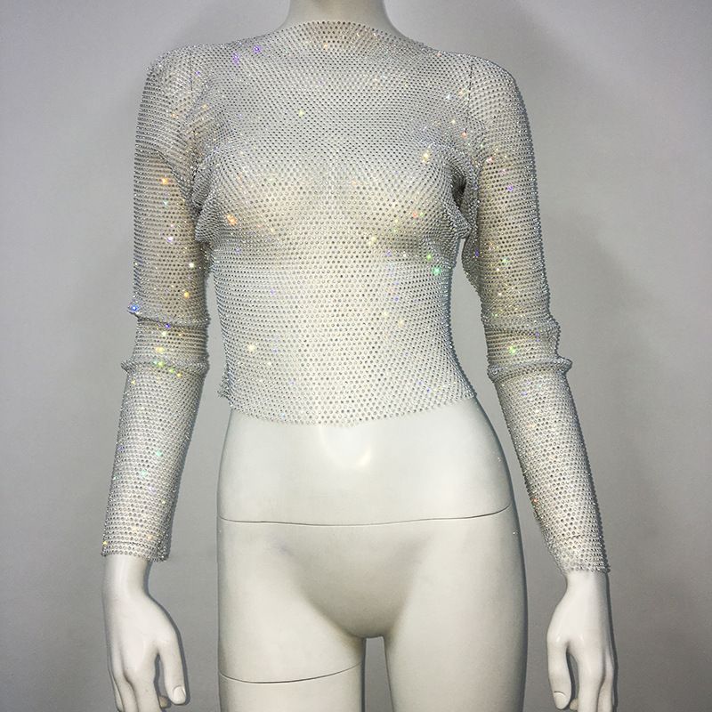Maglietta da pesca con strass, a maniche lunghe, girocollo, leggera e di lusso, da donna, con look scintillante, alla moda e di tendenza._voghion.com