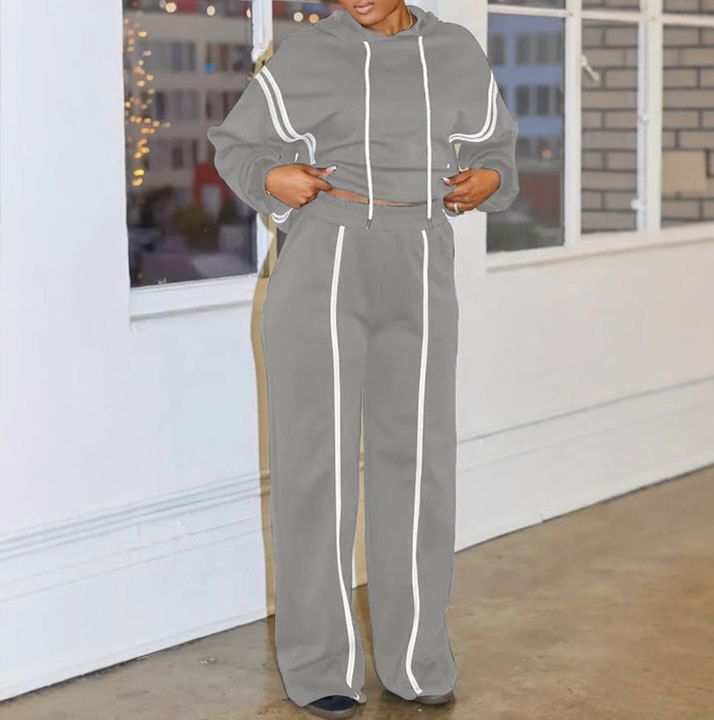 Damenbekleidung Zweiteiliges Set mit Kapuzenpullover mit Bandnähten_voghion.com