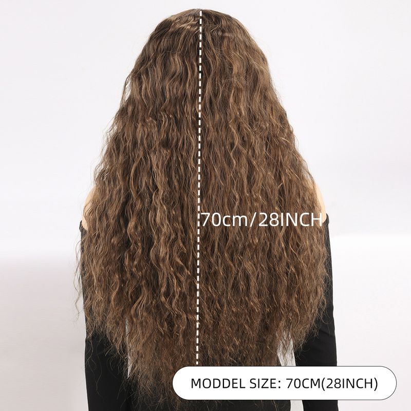 Parrucca con extension per capelli, nuova parrucca per donna, capelli neri ricci alla moda, ondulati, ricci di mais, riga centrale, frangia, copricapo completo._voghion.com