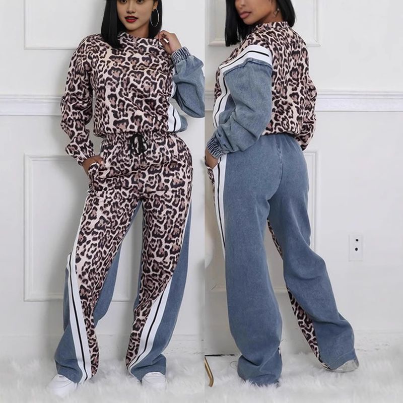Women’s Clothing Spring And Autumn New Street Leopard Print Striped Color Matching Elastic Waist Loose Trousers Suit_voghion.com