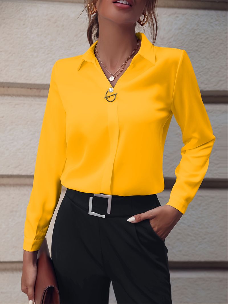Abbigliamento da donna Camicia da donna Camicia versatile semplice in tinta unita Camicia a maniche lunghe di media lunghezza Camicia di grandi dimensioni_voghion.com
