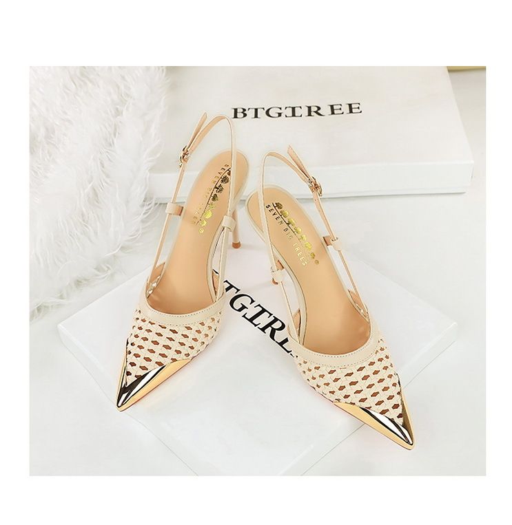 Hollow Woven Stiletto Sandals Women's High-end Metal Pointed One-word Strap High Heels_voghion.com