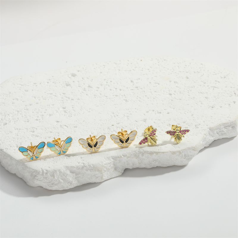 1 Pair Elegant Simple Style Commute Dragonfly Butterfly Enamel Inlay Copper Zircon 14K Gold Plated Ear Studs_voghion.com