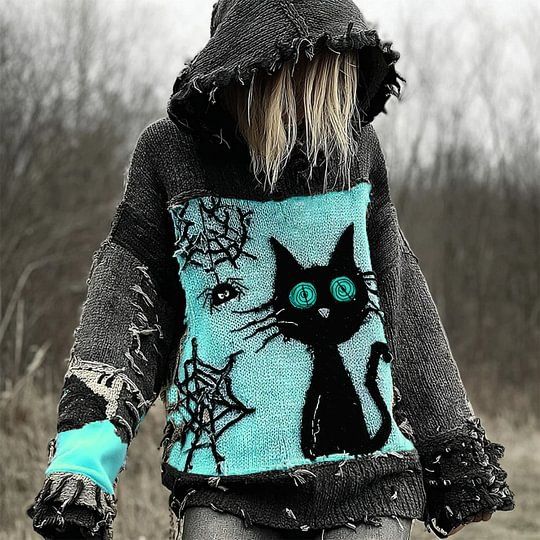 Gemütlicher Oversize-Kapuzenpullover für Damen – 3D-bedruckter Streetwear-Pullover, Langarm-Oberteil mit überschnittenen Schultern im Gothic-Stil_voghion.com